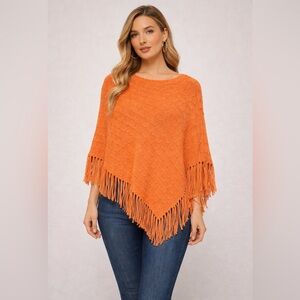 Chico's Vibrant Orange Fringe Poncho